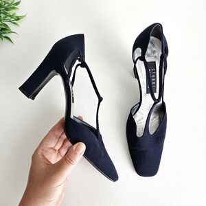 Stuart Weitzman T-Strap Evening Pumps | Navy Blue Block Elegant Heels | Size 8